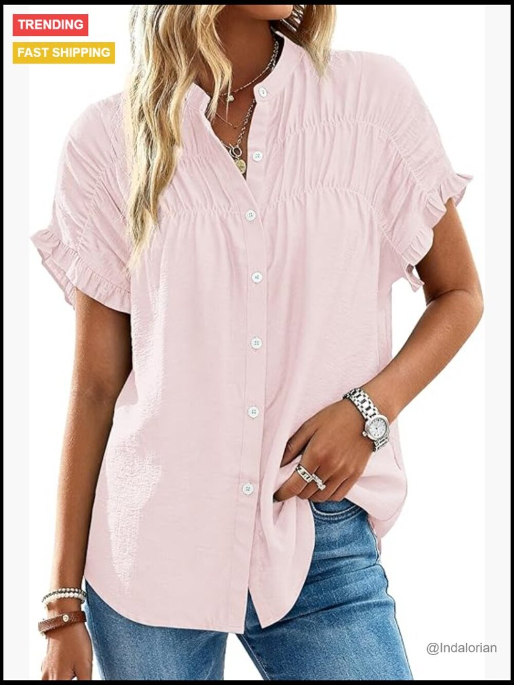 Light Pink Ruffle Sleeve Button-Down Shirt - Women's Casual Top